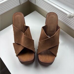 Aqua Brown Suede Crisscross Platform Mules